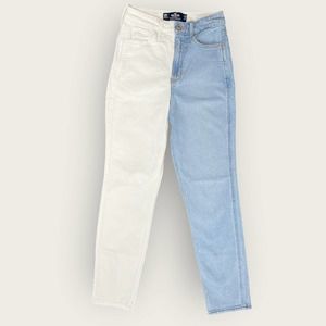 Hollister Two Tone Ultra High Rise Mom Jeans | 00R Waist 22 | White Blue Denim